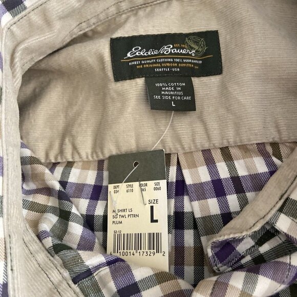 NWT Eddie Bauer Men L Check Beige Green Button Down Shirt Cotton - Picture 3 of 8